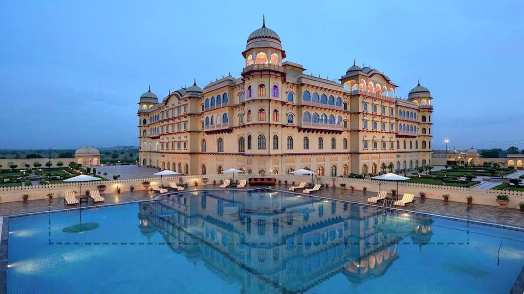 Marriage palace with pool at twilight